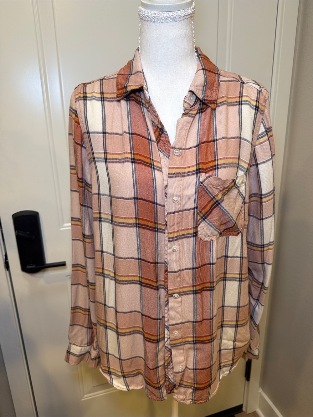 Women’s Pink and Rust Plaid Button Down Flannel Long Sleeve Shirt - Picture 2 of 8